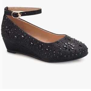 🎀 OLIVIA K Girls SZ 3 “NEW” Black glitter Rhinestone wedges w side ankle Straps